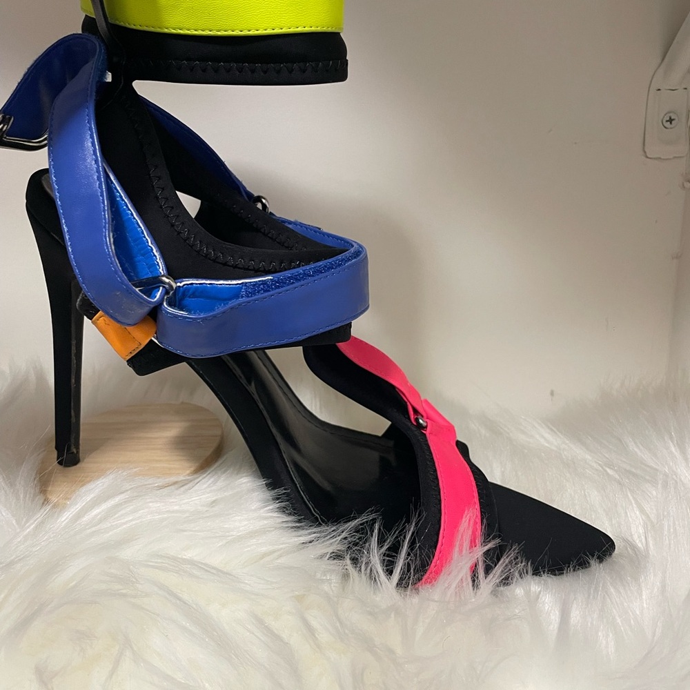Blue and Pink High Heeled Sandals with Strappy Design